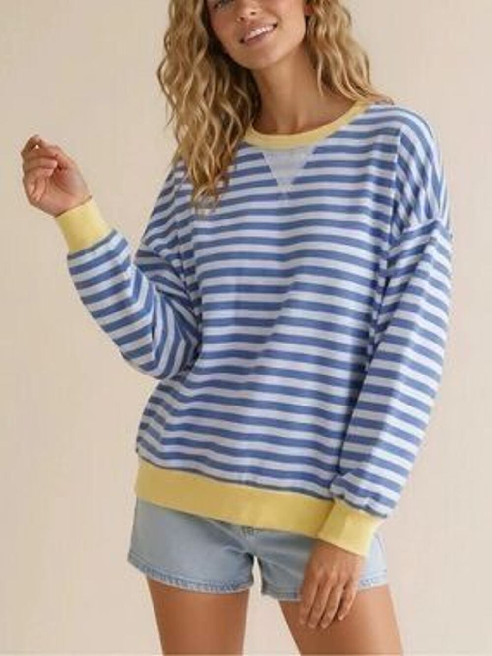 Oversized Blue Stripe Contrast Trim Sweatshirt Size Small